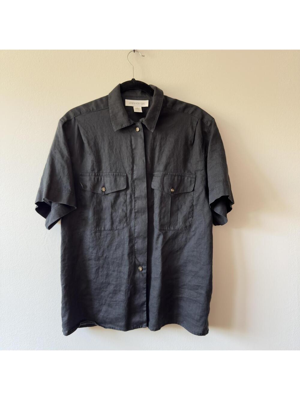Jones New York 100% Black Linen Camp Utility Shirt Short Sleeve Size 14